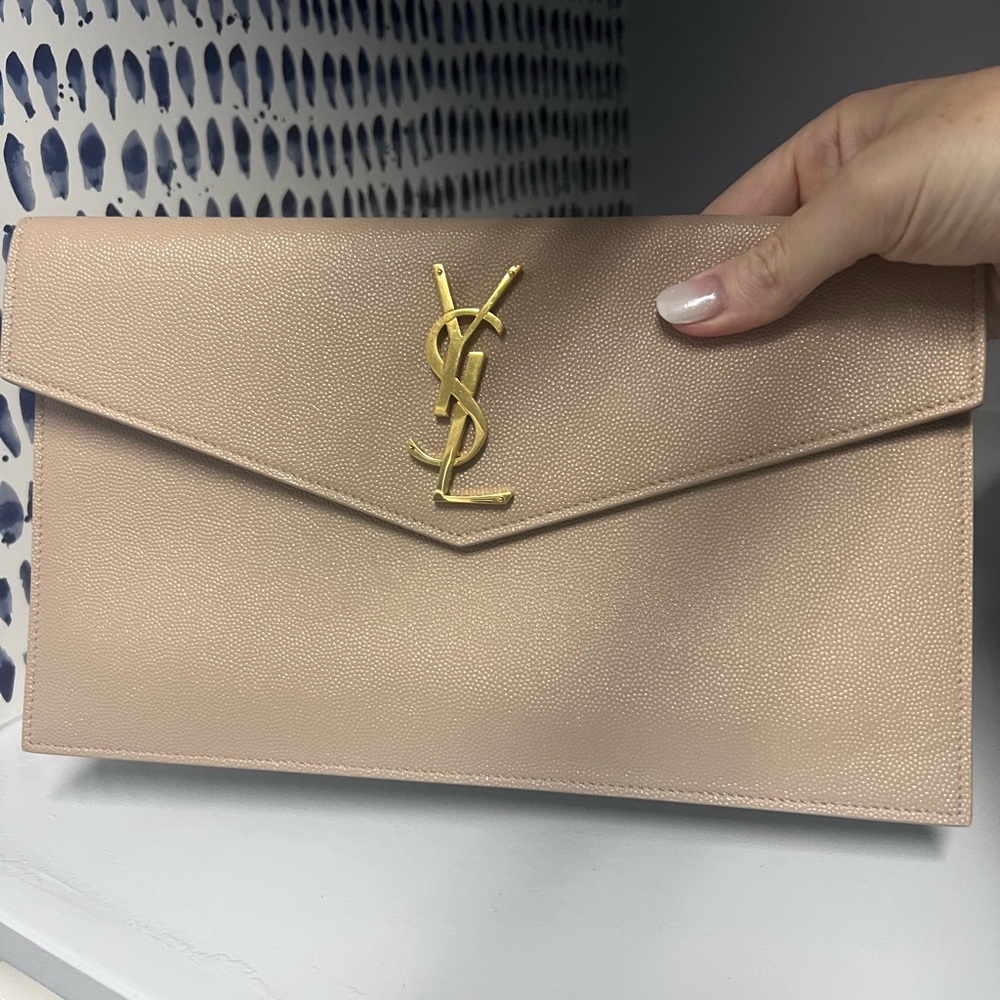Saint Laurent Uptown Gold YSL Logo Beige Clutch